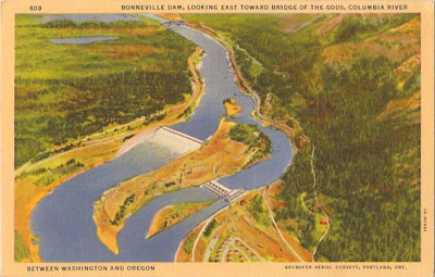 Bonneville Dam, aerial view, circa 1940. This postcard image shows Bonneville Dam, viewed from the air.