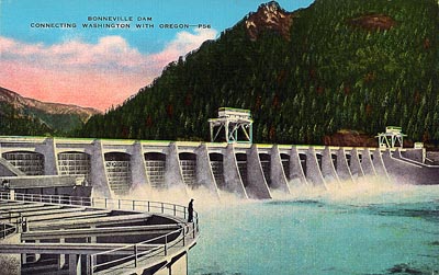 Bonneville Dam from the Washington side of the river. Postcard image from about 1945. This postcard image of Bonneville Dam, viewed from the Washington side, comes from a postcard dating from circa 1945.