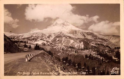 This postcard image of sunset over Mount Hood bears a copyright date of 1904. On the back, the card reads, "Compliments of the New York Sunday American and Journal."