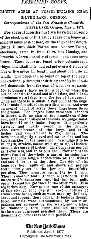 New York Times article on Fossil Lake, 1877
