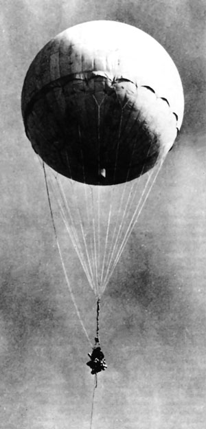 Photo of a captured Japanese balloon bomb. These were 10 meters in diameter, made of mulberry paper and potato glue, with a lifting capability of roughly 1,000 pounds. One of the Japanese balloon bombs, captured by the U.S. Army in relatively intact condition and reinflated for study in 1945.