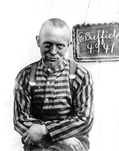 F. Edmund Creffield, notorious founder of Corvallis's “holy rollers” cult, in prison garb during his 16-month stint at the state pen for committing adultery with a pretty follower. A jailhouse mugshot of F. Edmund Creffield, founder of the Bride of Christ Church ("holy rollers" or "naked ladies cult")