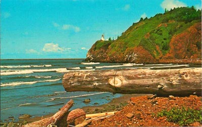 The surf looks deceptively mellow in this postcard picture of Cape Disappointment Light, as seen from the beach near Peacock Spit. Cape Disappointment Lighthouse as seen from the beach near Peacock Spit.