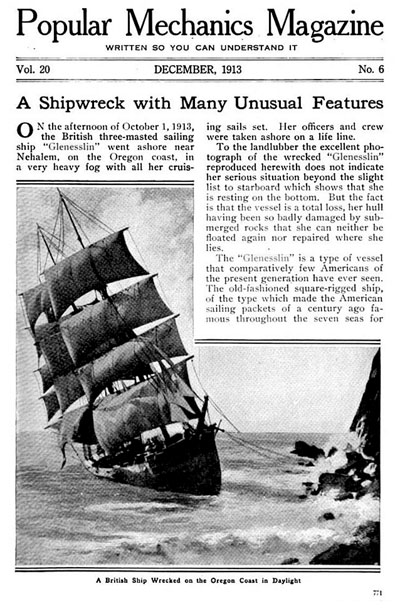 Popular Mechanics' article on the wreck of the Glenesslin against the side of Neahkahnie Mountain. The article in Popular Mechanics telling the story of the Glenesslin shipwreck.