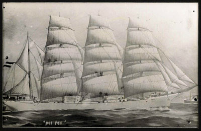 This is what the Mimi was supposed to look like -- low and sleek, thundering through the sea under full sail. Notice how much clunkier the vessel looks when stranded on the beach. The Mimi under way, under full sail.