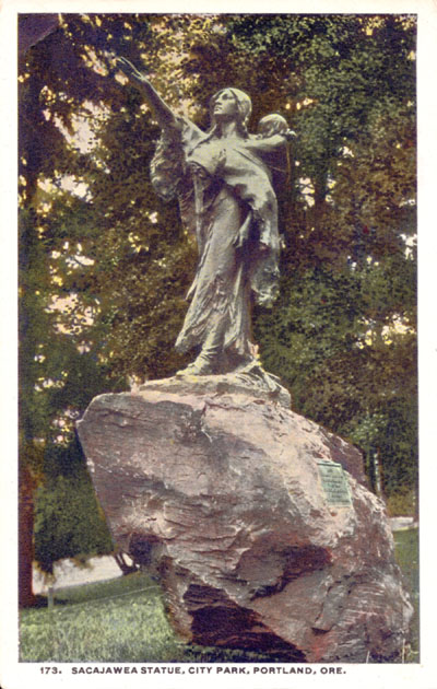 A statue of Sacagawea and Jean-Baptiste Charbonneau in downtown Portland An old postcard image of the statue of Sacagawea and her infant son Jean-Baptiste "Pomp" Charbonneau, in a Portland park.