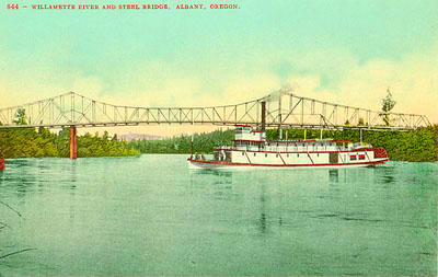 An unnamed sternwheeler makes its way through the swift currents of the Willamette River at Albany. An unnamed sternwheeler makes its way through the swift currents of the Willamette River at Albany.