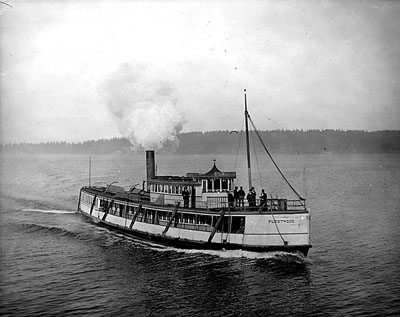 The deep-water steamboat Fleetwood under way on Puget Sound, to which it was reassigned after it was replaced on the Portland-Astoria route with the Telephone in the 1880s. The deep-water steamboat Fleetwood under way on Puget Sound, to which it was reassigned after it was replaced on the Portland-Astoria route with the Telephone in the 1880s.