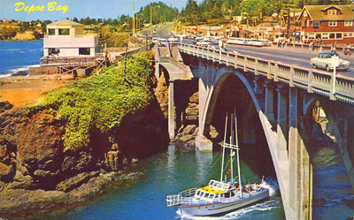 The short-but-gorgeous bridge across the channel at Depoe Bay. This bridge is like a hidden treasure; it looks utterly dull and pedestrian from up on its deck; you have to step off and look at it to appreciate it.