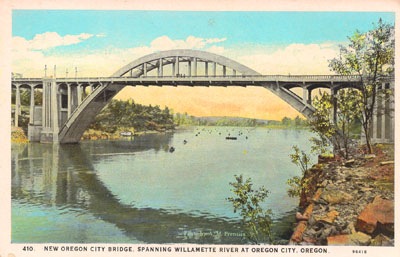 Oregon City-West Linn bridge, shortly after construction in 1922. This bridge was made of concrete-coated steel, unlike most of McCullough's bridges, which tended to be steel-reinforced concrete.