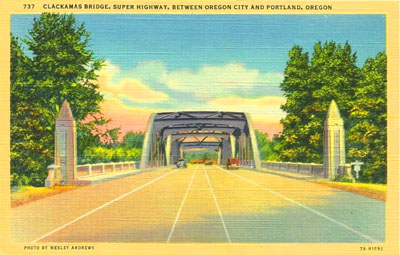One of the few Conde McCullough bridges executed in steel rather than reinforced concrete, the Dr. John McLoughlin Memorial Bridge over the Clackamas River linking Oregon City with Gladstone was awarded the Annual Award of Merit for Most Beautiful Steel Bridge by the American Institute of Steel Constructors in 1933.