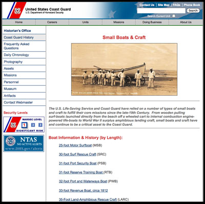 U.S. Coast Guard small boats and craft, information listed by type.