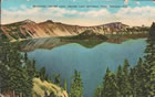 Crater Lake as seen on a vintage hand-tinted postcard from sometime before World War II.