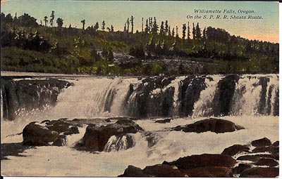 This image of Willamette Falls before the build-up of paper mills on either side comes from a postcard dating from circa 1920.