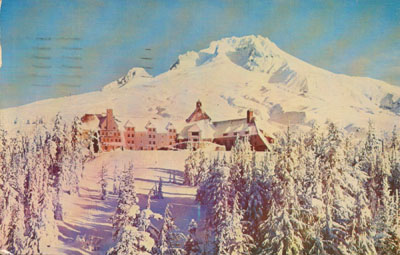 This postcard image of sunset over Mount Hood bears a copyright date of 1904. On the back, the card reads, "Compliments of the New York Sunday American and Journal."
