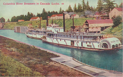 Sternwheelers wait to go through the Cascade Locks in the very early 1900s, shown in a hand-tinted picture postcard. These sternwheelers were built several decades too late to have been the one that rescued Nancy Boggs and her girls.