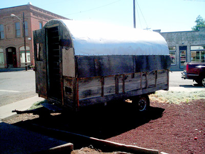 A classic sheepherder's wagon on display in the town of Fossil, Oregon