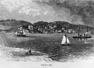 Wallis Nash's lithographic image of Yaquina Bay as seen from the north side of the bay entrance. Lithograph image of Yaquina Bay as it looked in 1875.