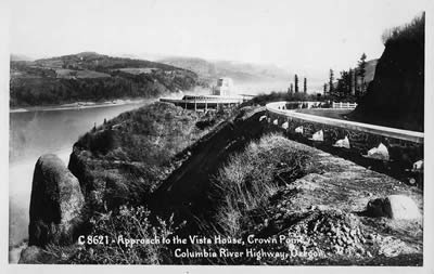 Old postcard showing approach to Crown Point Vista House.