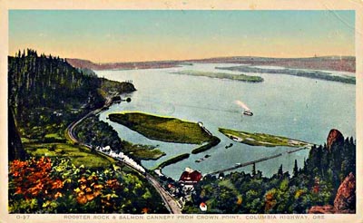 The old salmon cannery and fish wheel, as seen from Crown Point Vista House in the 1920s.