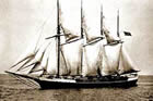 The four-masted schooner North Bend, stranded on a sandy spit, 'sailed' through two and a half miles of sand and relaunched itself on the other side.