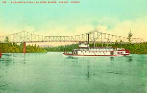 A shallow-draft sternwheeler of the type pioneered by Uriah B. Scott plies the swift currents of the Willamette River at Albany.