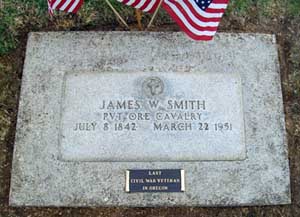 The modest gravestone of Oregon's last surviving Civil War veteran, who lived a quiet and respectable life in the small Willamette Valley town of Lebanon ... after what appears to have been a fairly wild youth.