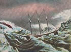 A postcard image of the schooner H.H. Chamberlain in the great gale of 1898. The Oshkosh was smaller and had just two masts, but the situation the ship was in was similar.