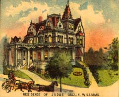 A color lithograph of George and Kate Ann Williams’s Victorian  mansion, located at 18th and Couch streets downtown. This picture is from the mid-1890s.
