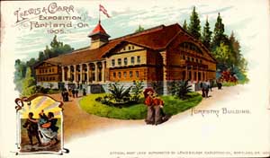 A souvenir postcard image of the Forestry Building from the 1905 Lewis and Clark Expo, probably from a sketch made before construction was complete.