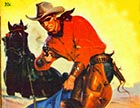 The front cover of "Masked Rider Western," a pulp magazine published during and after World War II. This particular piece of cover art depicts a fictional scene that looks surprisingly similar to what actually happened the night of the lynching that kicked off Vigilante rule in Crook County.