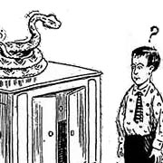 A cartoon from the Oregonian in 1930, showing a small boy looking dubiously at a radio cabinet whose loudspeaker has been replaced with a rattlesnake. In 1930, many radio sets had loudspeakers like the horns of old-time Victrolas, rising out of the top.