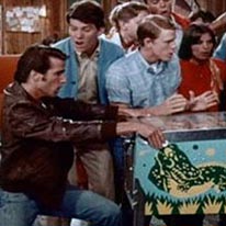 The Fonz shows his mastery of the pinball machine in an episode of ABC's iconic TV show, "Happy Days."